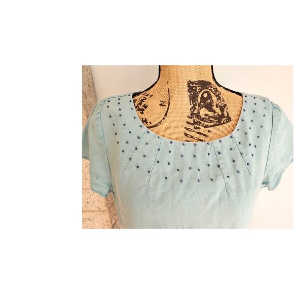 Boden 100% Linen Top Short Sleeve, Beaded Neckline, Turquoise , US Sz 6 - Picture 6 of 9